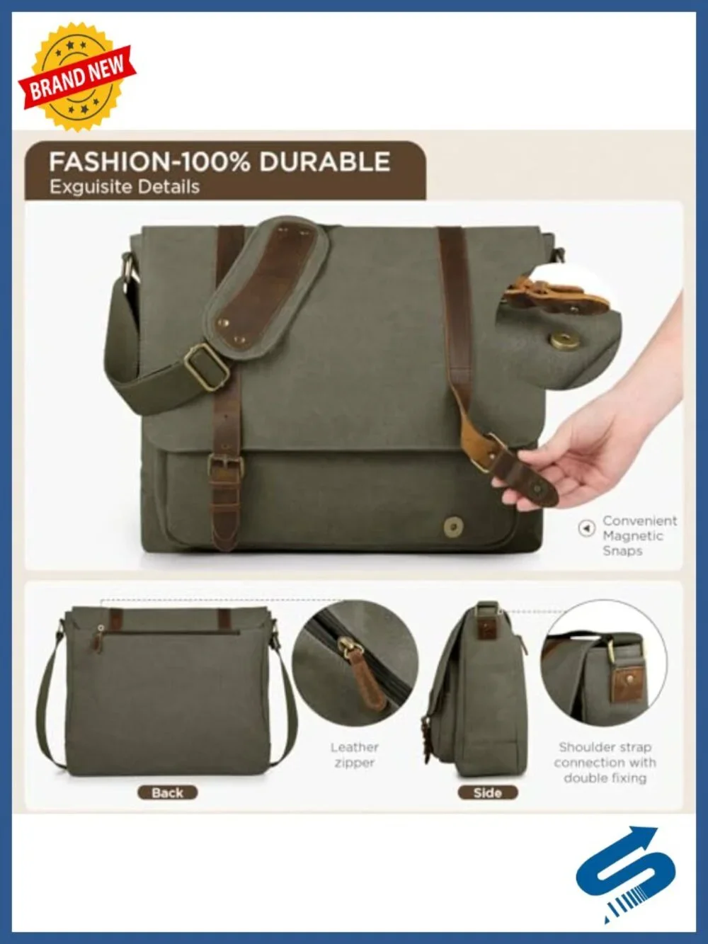 Vintage Canvas Messenger Laptop Bag for Men 15.6-16 inch Padded Shoulder Satchel